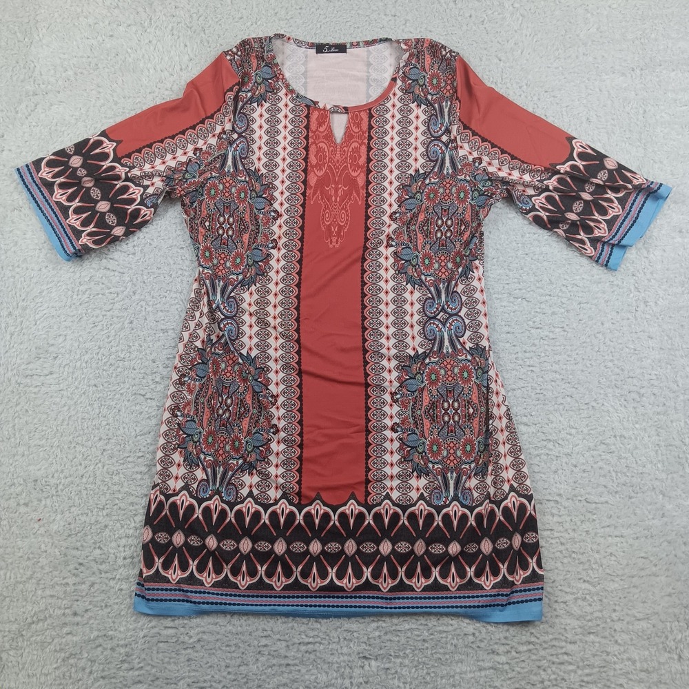 5th & Love Tunic Dress Women L Rust‎ Blue Paisley Medallion Keyhole Bell Sleeve